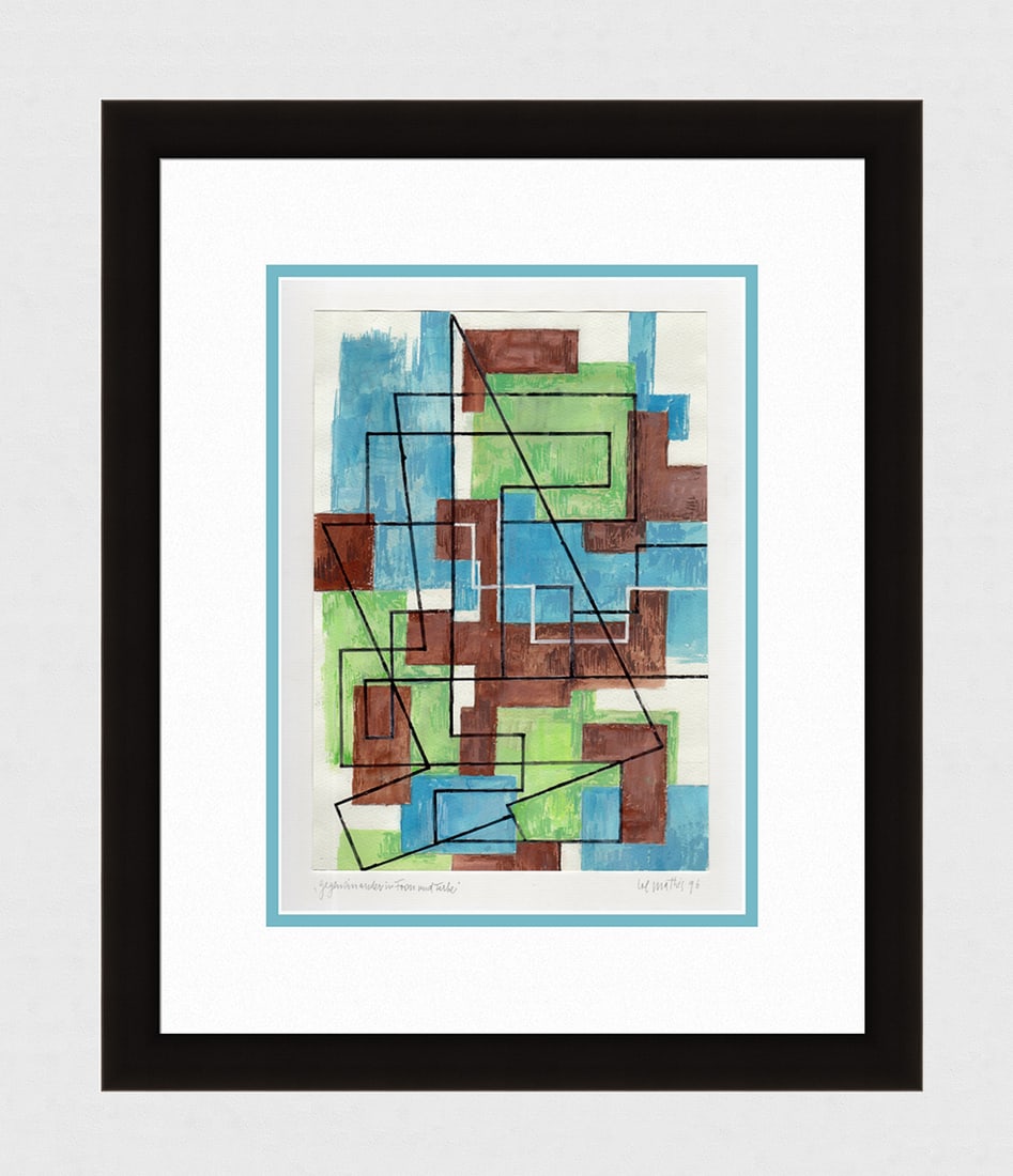 Mathis Original Gouache Opposites Framed Swiss: Josef Johann Mathis (Joe Mathis, 1913 - 2002; Swiss). Opposites in Form and Color (Gegeneinander in Form und Farbe). Original Mixed Media Gouache on paper. Year: 1996. Hand signed and dated in pencil,