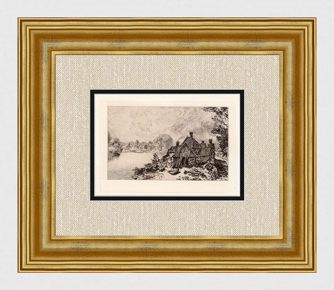 Alfred Dawson Pangbourne 1884 etching: Alfred Dawson. (British, 1843-1931). "Pangbourne". Antique copper plate etching on thick laid paper from the original copper plate. 1884. Excellent. Image Size 5 x 7 1/8 inches. Approximately 14 x16 i