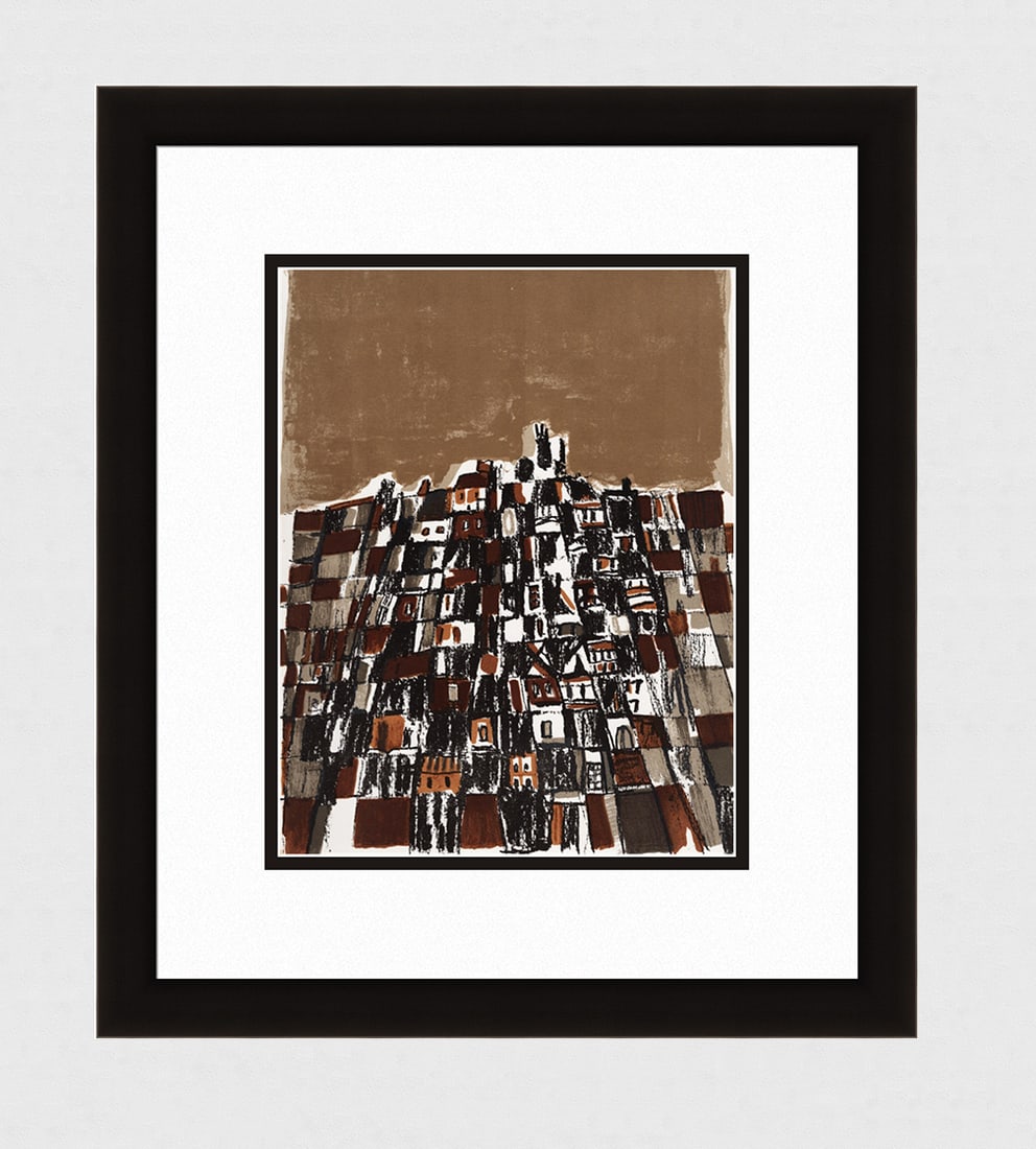 Vieira da Silva 1966 Original Lithograph "Town in Portugal" Framed: Maria Helena Vieira da Silva (1908-1992). "Town in Portugal (Ville au Portugal)." Original Color lithograph on wove paper. Year: 1966. Printed by Moulot. Published in Paris by San Lazzaro. Sheet Size 
