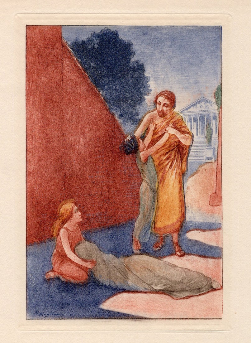 1929 Firmin MAGLIN Color Engraving The Death of Chrysis SIGNED FRAMED: Firmin Maglin (French, 1847 - 1946). The Death of Chrysis (from Aphrodite). Original color engraving on wove paper. Year: 1929. Signed in the plate, lower left. Limited to 3300. Image Size 3 5/8 x 5 3