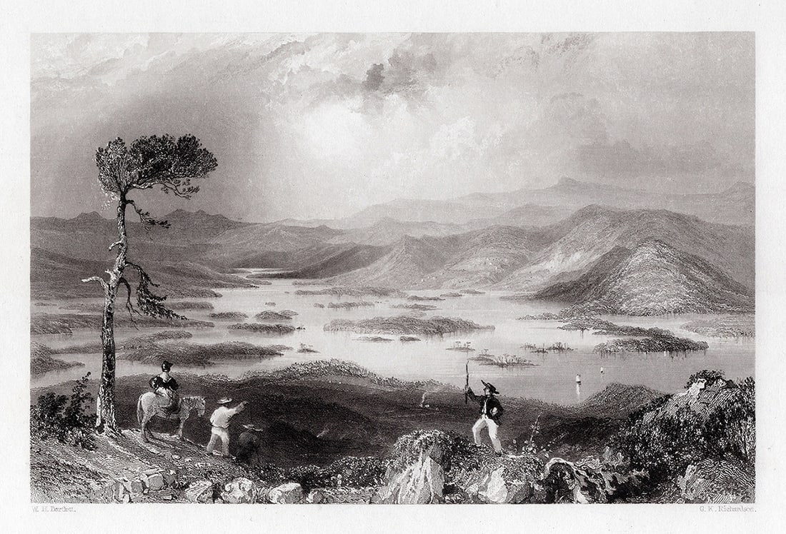1800s William H. BARTLETT Engraving A Day on Squawm Lake Framed SIGNED: William Henry Bartlett (British, 1809-1854). Squawm Lake, New Hampshire. Antique engraving on wove paper after the original by master engraver G.K Richardson (British, 1833-1891 fl.) Signed in the pla