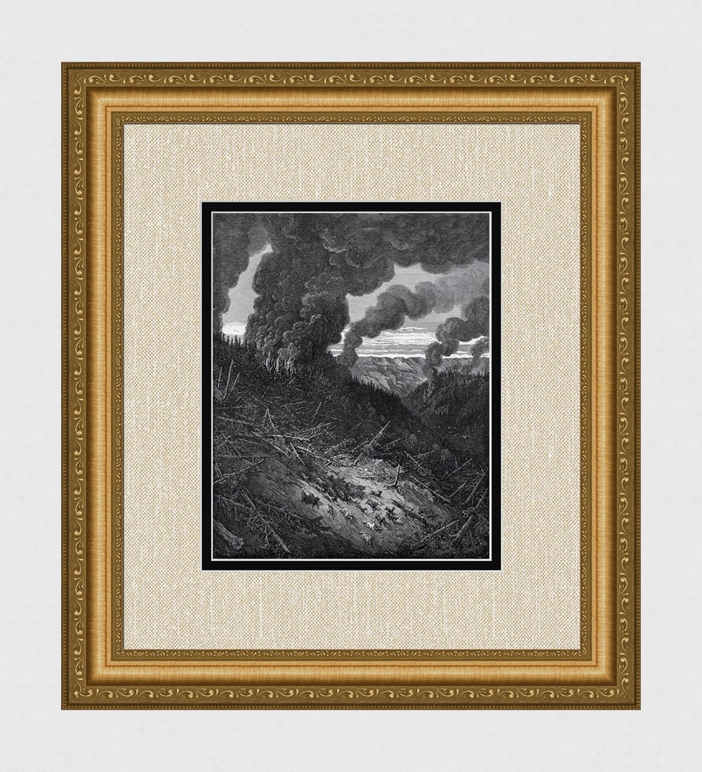 1800s Gustave Dore Atala Wood Engraving "The Forest Fire" SIGNED Framed: Gustave Dore (Paul Gustave Louis Christophe Dore) (French, 1832-1883). The Fire in the Forest (from Atala). Antique Wood Engraving on wove paper after the original by a Master Wood Engraver. Year: c. 