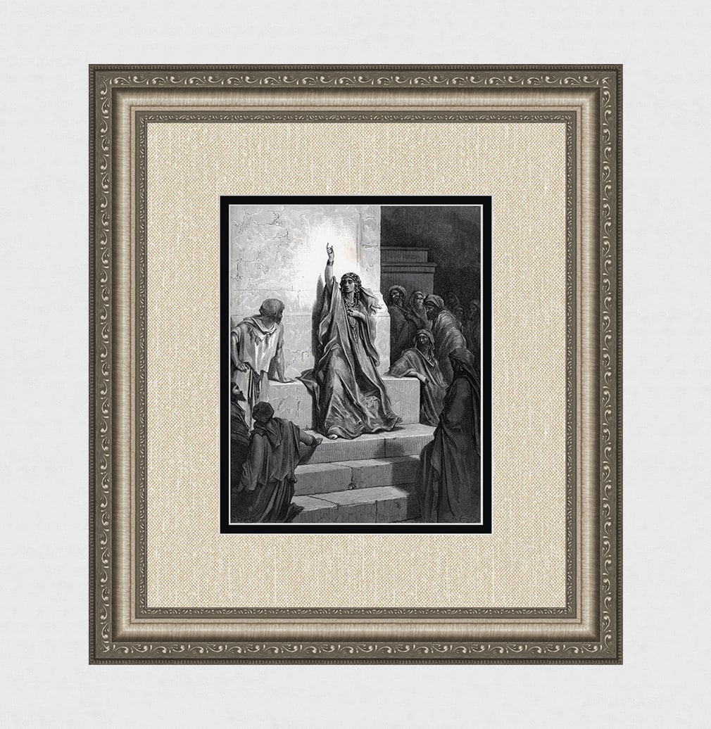 Gustave Dore 1800s Dore's Bible Wood Engraving DEBORAH Signed Framed: Gustave Dore (Paul Gustave Louis Christophe Dore) (French, 1832-1883). Deborah's Song of Triumph (from Dore's Bible). Antique Wood Engraving wove paper after the original by a master wood engraver Ett