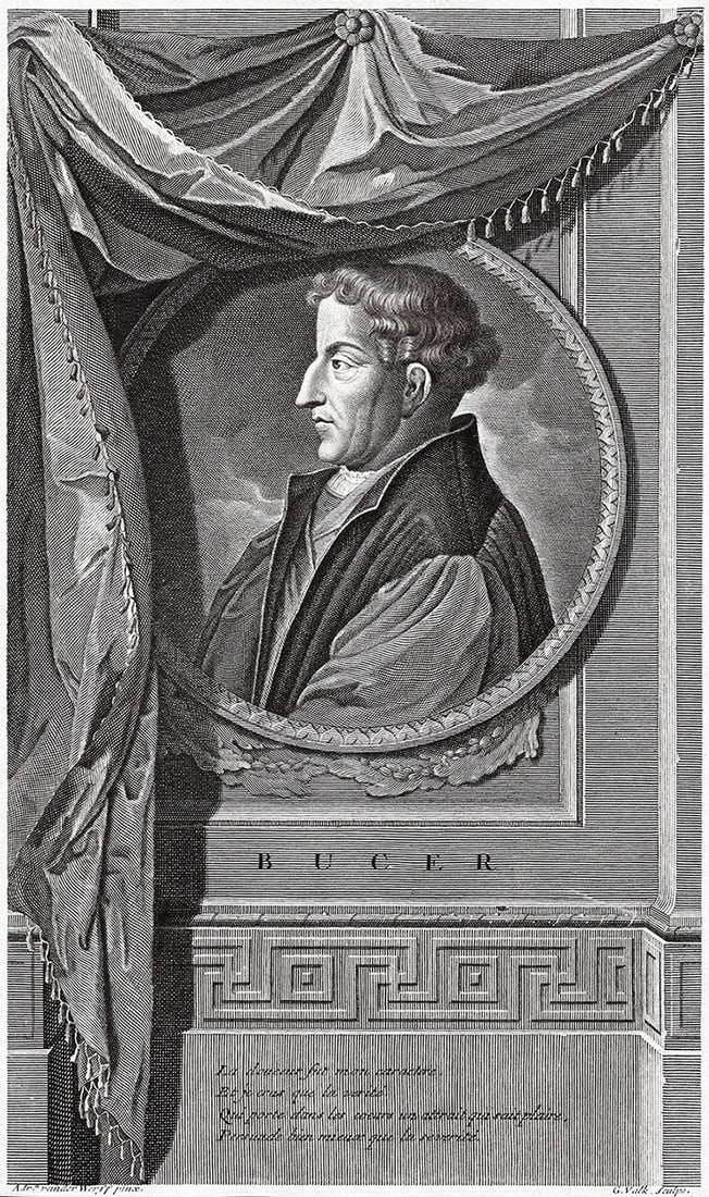 Adriaen van der Werff 1697 Engraving Martin Bucer The Forgotten Reformer Framed: Adriaen van der Werff (1659 - 1722). Portrait of Martin Bucer (1491 - 1551) . Antique engraving on laid paper after the original by master engraver Gerard Valck (Dutch, 1651/2-1726). Year: 1697. Signe