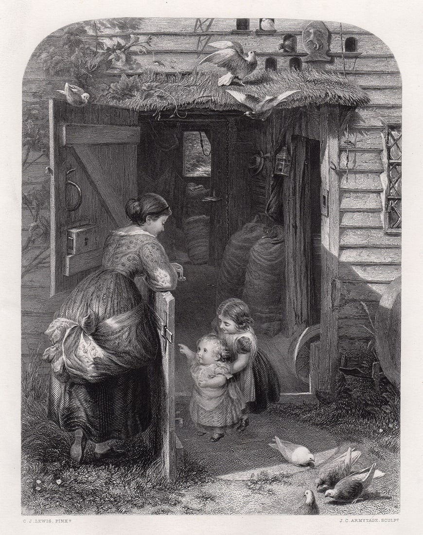 1869 Charles James Lewis The Mill Door engraving signed: Charles James Lewis. (British, 1830-1892). The Mill Door. Antique Engraving on wove paper after the original by master engraver James Charles Armytage (English, 1802 or c. 1820-1897). 1869. Signed in 