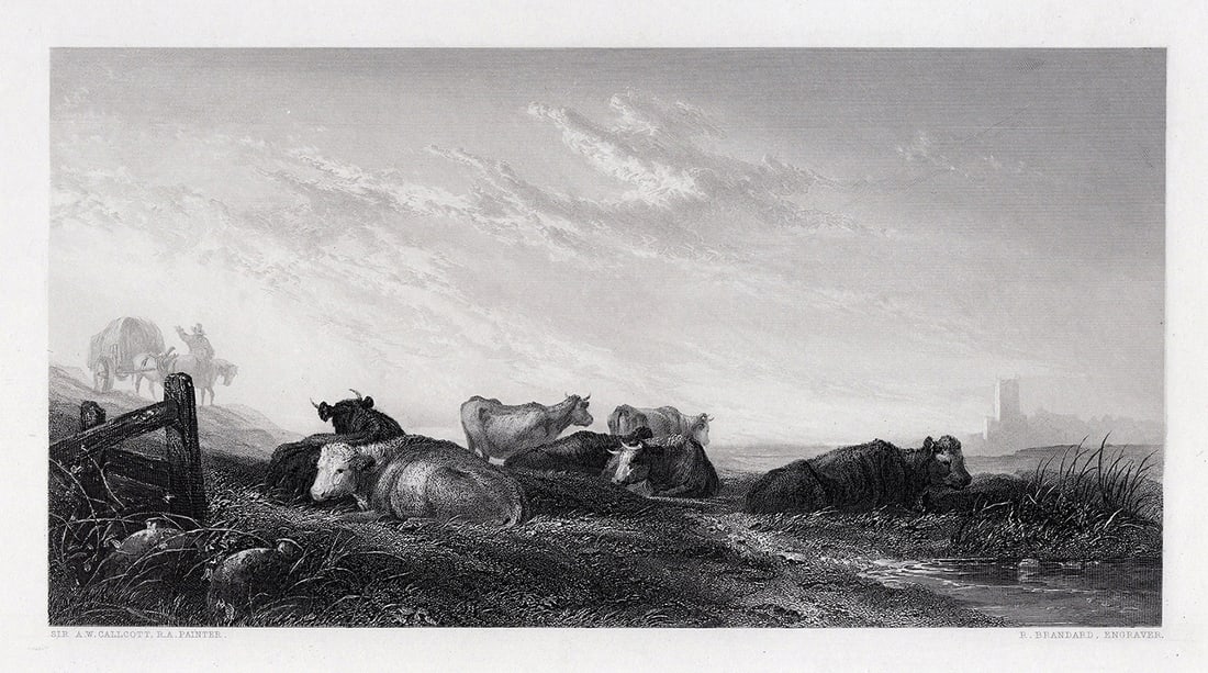 1800s Augustus Wall CALLCOTT SIGNED Engraving Cattle in the Grassland FRAMED: Sir Augustus Wall Callcott (British, 1779-1844). The Meadow. Antique engraving on wove paper after the original by master engraver Robert Brandard (British, 1805-1862). Signed in the plate. Year: 1850