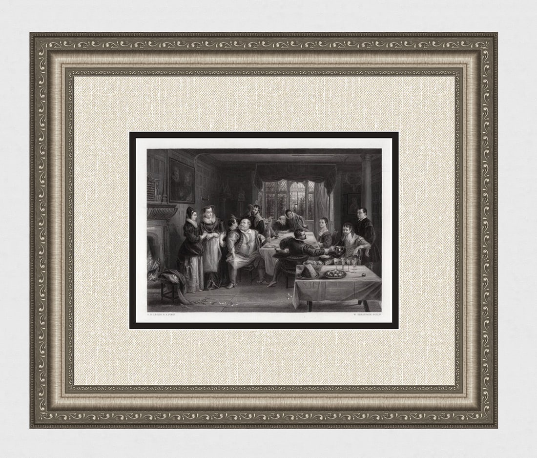 1800s CHARLES ROBERT LESLIE Engraving Falstaff & his Friends Signed Framed: Charles Robert Leslie (English, 1794 - 1859). Falstaff and his Friends. Antique engraving on wove paper after the original by master engraver William Greatbach (British, 1802-1894). Year: 1868. Signed