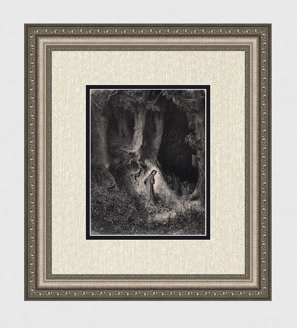 Gustave Dore Spiritual Darkness (Dante's Divine Comedy Enferno) c. 1880 Woodcut: Gustave Dore (Paul Gustave Louis Christophe Dore) (French, 1832-1883). Chant 1. In a Gloomy Wood (Dante's Divine Comedy Enferno). Antique woodcut on wove paper after the original by master wood engrav