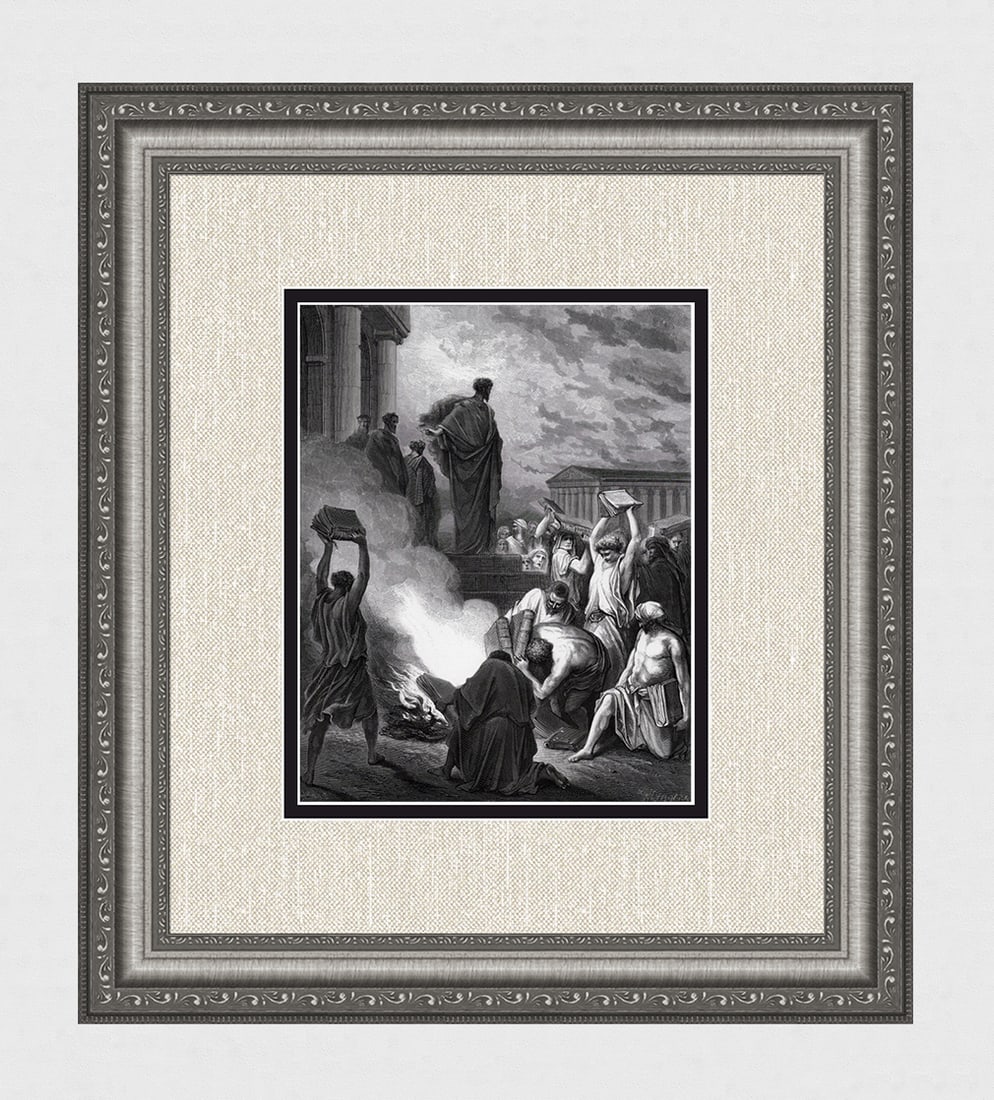 1800s Gustave Dore Religious Wood Engraving St. Paul at Ephesus Signed FRAMED: Gustave Dore(Paul Gustave Louis Christophe Dore) (Frenc1832-1883). St. Paul of Ephesus (from Dore's Bible). Antique Wood Engraving wove paper after the original by a master wood engraver J. Ettlins (1