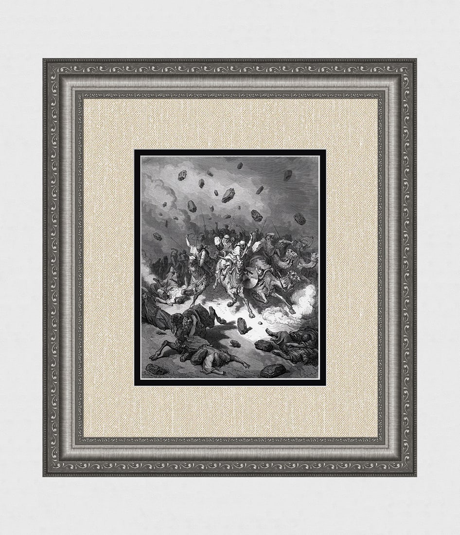 1800s Gustave Dore'S BIBLE Woodcut The Lord cast down Hailstones SIGNED Framed: Gustave Dore (Paul Gustave Louis Christophe Dore) (French, 1832-1883). Destruction of the army of the Amorites (From Dore's Bible). Antique woodcut wove paper after the original by a master wood engra