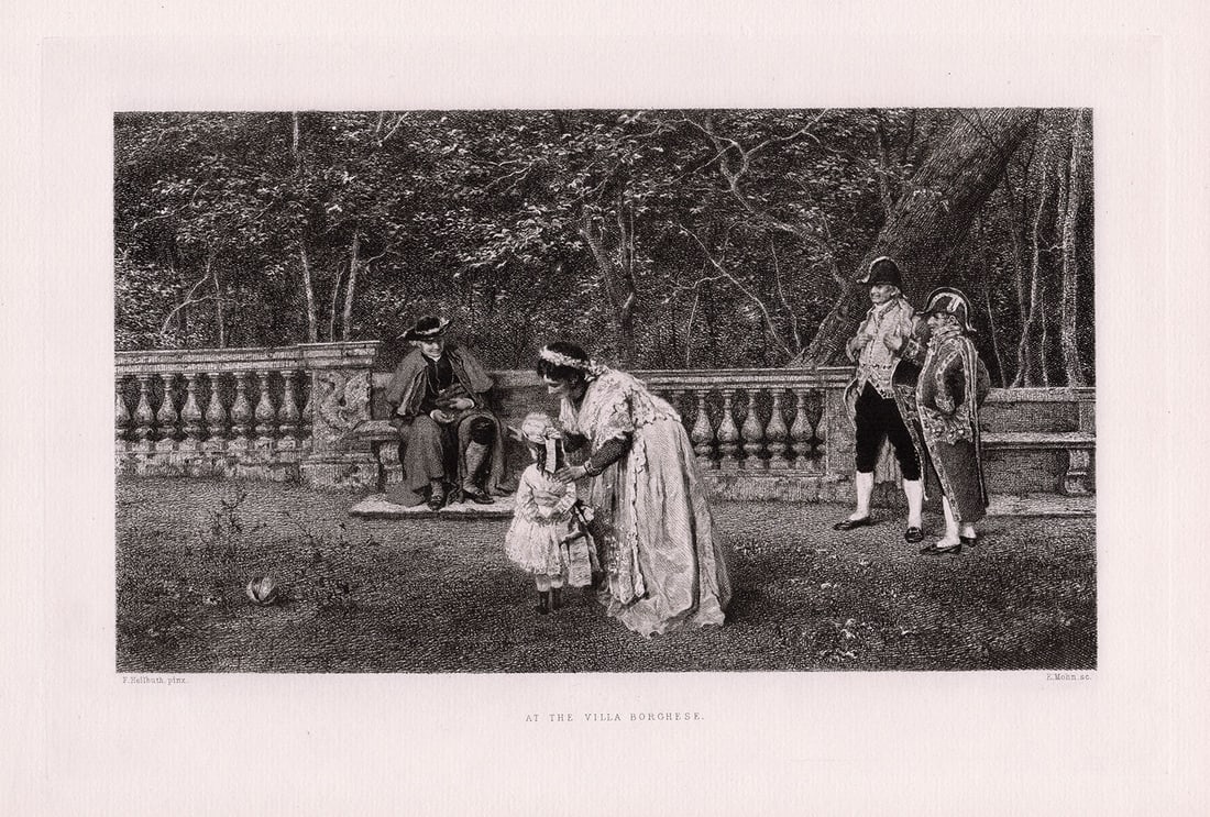 Ferdinand Heilbuth At the Villa Borghese 1878 engraving: Ferdinand Heilbuth. (French, 1826-1889). At the Villa Borghese. Antique Engraving on laid paper after the original by Master Engraver E. Mohn. 1878. Signed in the Plate. Excellent. Image Size 7 3/4 x 