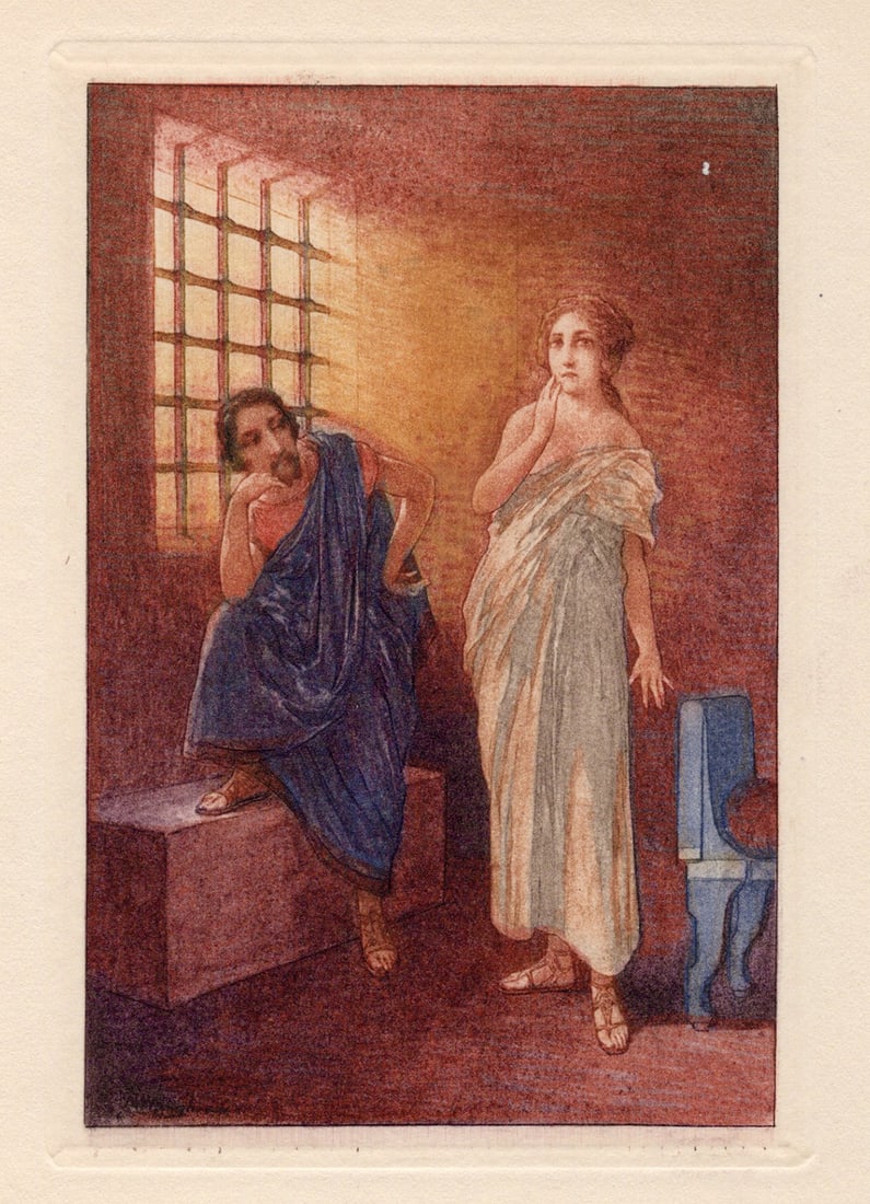 FIRMIN MAGLIN 1929 Color Engraving Chrysis drinks Hemlock SIGNED FRAMED: Firmin Maglin (French, 1847 - 1946). Chrysis drinks Hemlock (from Aphrodite). Original color engraving on wove paper. Year: 1929. Signed in the plate, lower left. Limited to 3300. Image Size 3 5/8 x 5