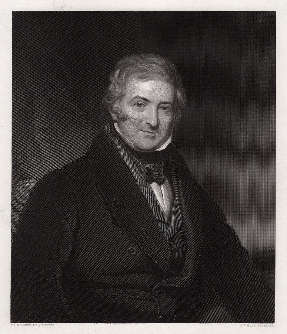 Martin Archer SHEE 1800s Engraving Thomas Morton Portrait SIGNED Framed: Sir Martin Archer Shee (Irish, 1769 - 1850). Morton, the Dramatist. Antique engraving on wove paper after the original by master engraver Thomas William Hunt (British, 1850 - 1880 fl.). Signed in the 