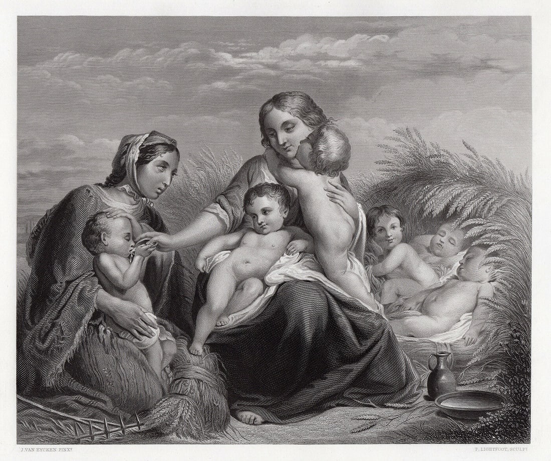 1857 Jean Baptiste van Eycken Charity (La Charite) engraving signed: Jean Baptiste van Eycken. (Belgian 1809 - 1853). Charity (La Charite). Antique engraving on wove paper after the original oil on panel by master engraver Peter Lightfoot (British, 1805 - 1885). 1857. 