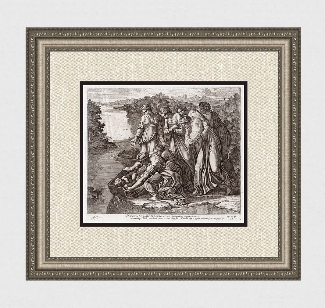 Raphael 1649 Engraving Vatican Baby Moses placed in the Nile in a basket (1 of 4)