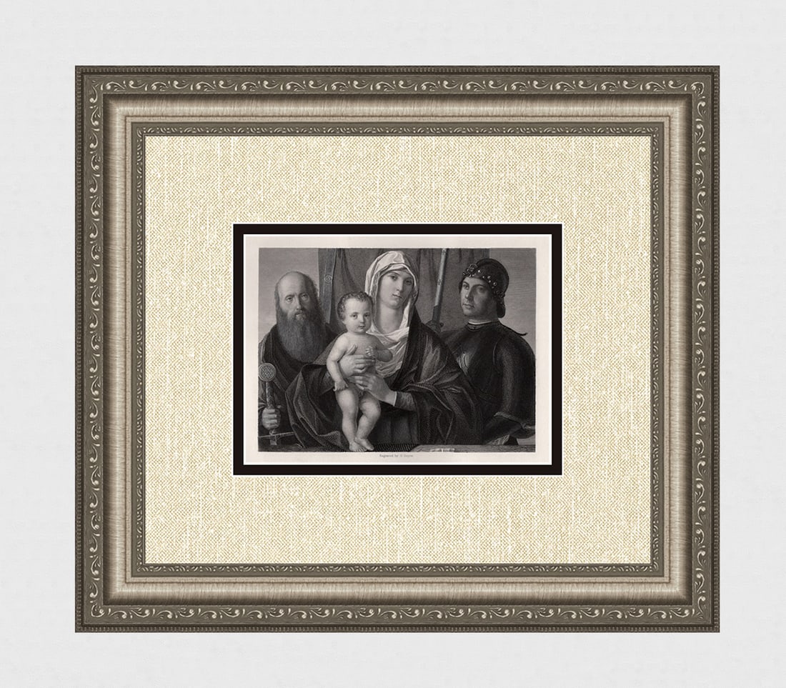 Giovanni BELLINI Engraving "The Madonna" Framed SIGNED: Giovanni Bellini (Italian, c. 1430-1516) (1483-1520). The Madonna (The Madonna with Saints Paul and George). Antique engraving on wove paper after the original painting by master etcher G Geyer (19th 