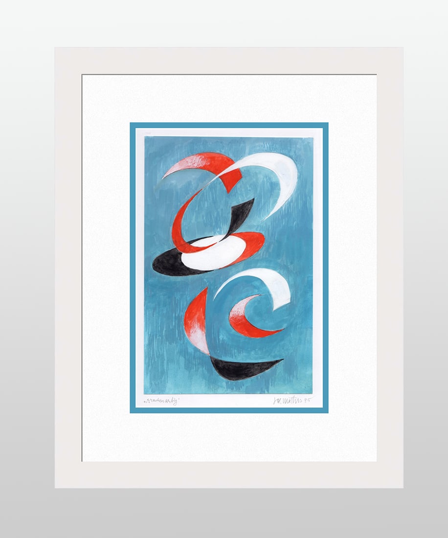 Mathis Original Gouache Dragon like Framed Swiss: Josef Johann Mathis (Joe Mathis, 1913 - 2002; Swiss). Dragon like (Drachenartig). Original Mixed Media Gouache on paper. Year: 1995. Hand signed and dated in pencil, lower right. Titled in pencil, low