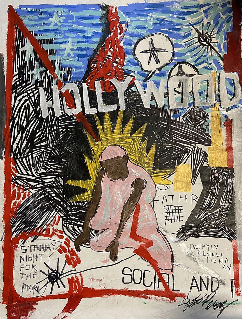 Gino Perez Starry Night Original Acrylic painting 54 x 42 inches: Mariano Leo Giovanni Perez (Gino Perez). Starry Night for the Poor. Original Mixed media Acrlyic with Collage on Canvas. Signed by the artist, lower right. Image Size 54 x 42 inches. Gino Perez is a 3