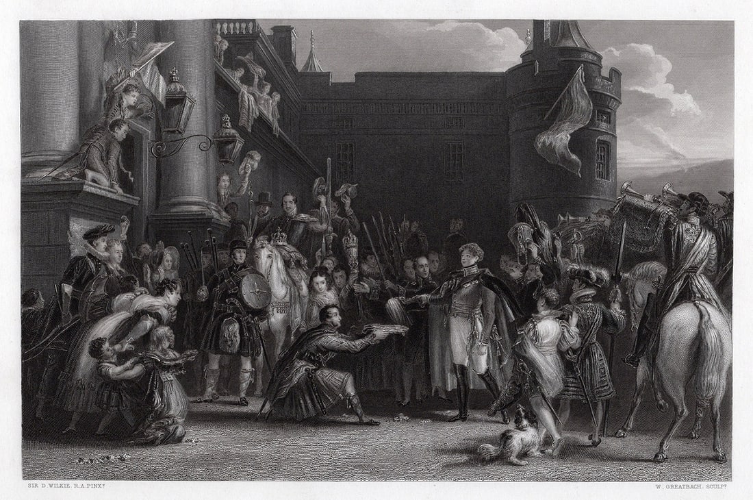 David Wilkie 1800s Antique Engraving The King At Holyrood Signed Framed: David Wilkie Wynfield (British, 1837 - 1887). The King At Holyrood. Antique engraving on wove paper after the original by master engraver?William Greatbach (British, 1802-1894). Year:?1858. Signed in 