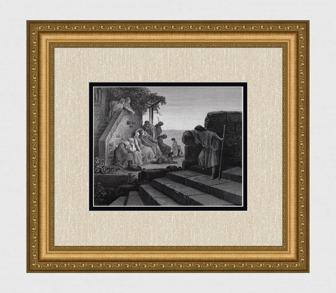 Framed 1800s Gustave Dore Religious Woodcut Return of the Lost Son Signed (1 of 3)
