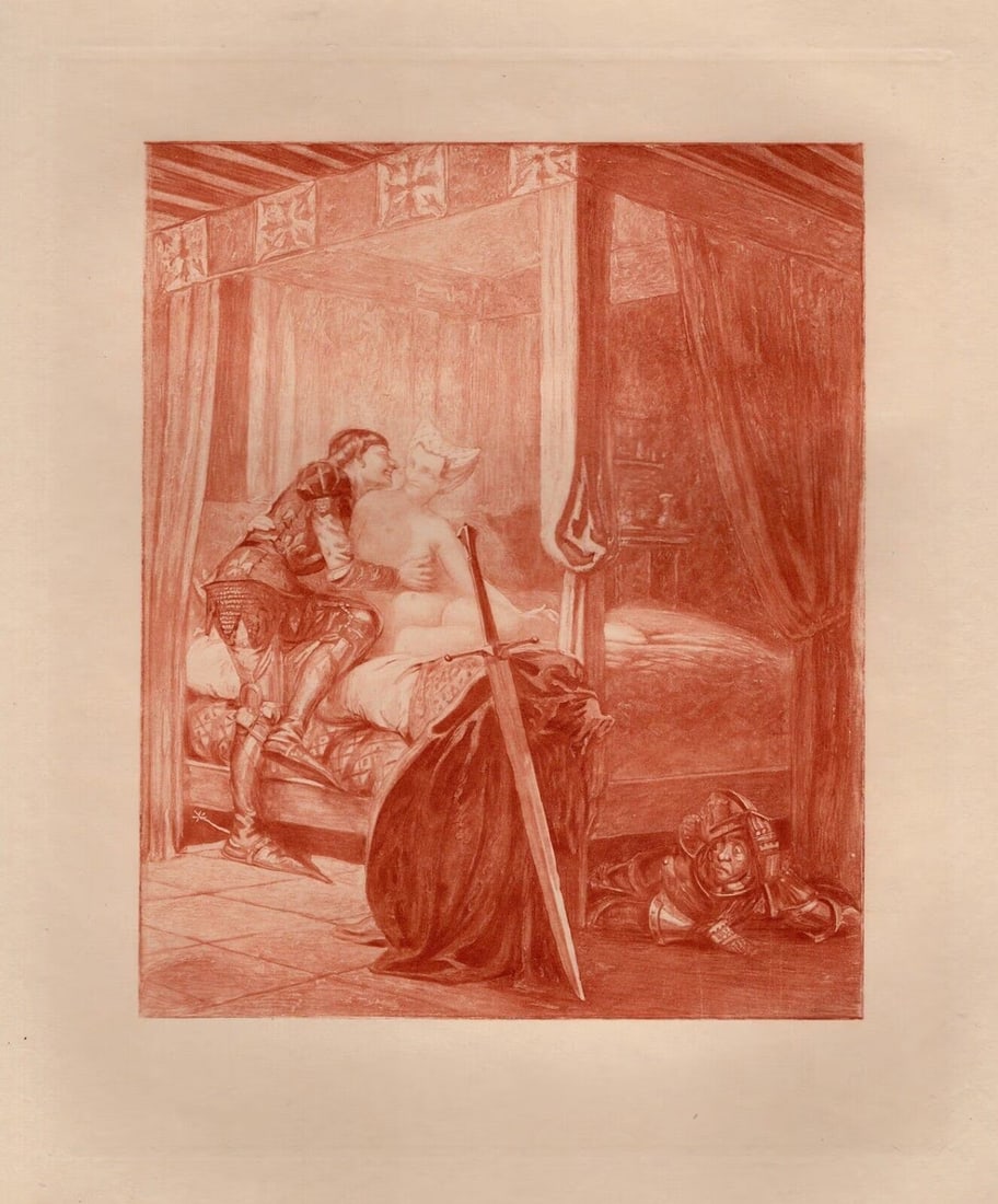 Limited EDMOND MALASSIS Sensual Engraving The Knight's Lady Framed: Edmond Malassis (French, 1874 - 1944). The Knight's Desires II (Les dEsirs du Chevalier I)(Cent Nouvelles Nouvelles). Vintage copper plate engraving in red ink on Velin paper after the original by mas