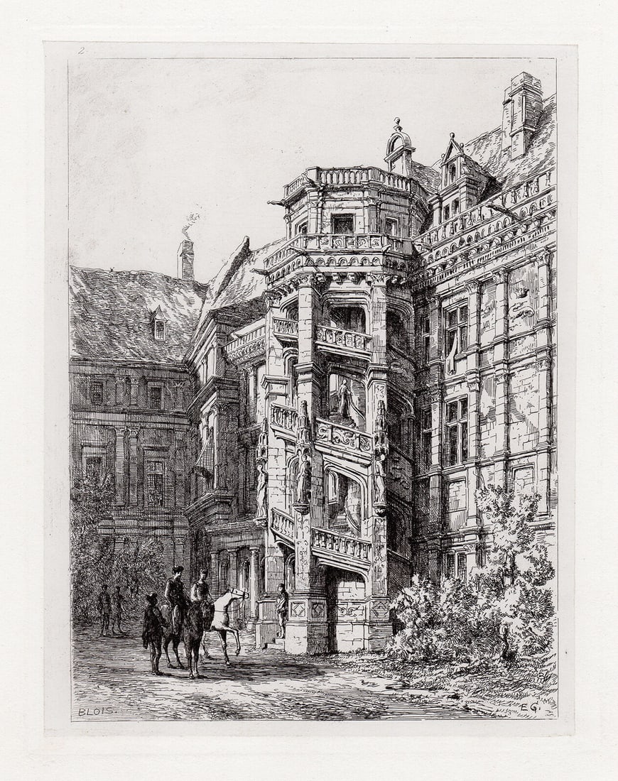 Sir Ernest George 1875 etching Blois. Staircase of Francis I signed: Sir Ernest George. (English, 1839-1922). Blois. Staircase of Francis I. Original hand pulled copper plate etching on wove paper. 1875. Signed and Titled in the plate. Excellent. Image size 6 1/2 x 8 3