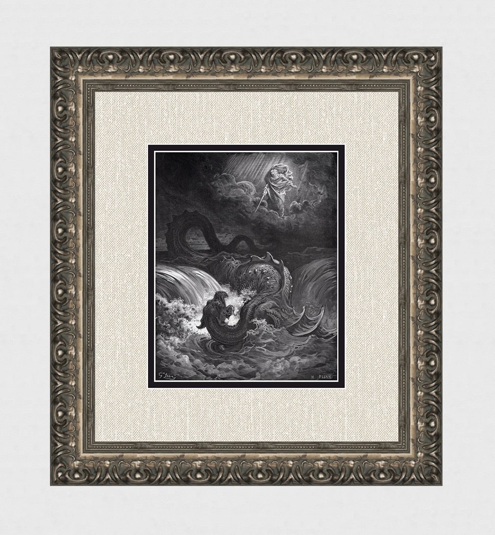 1800s Gustave Dore Biblical Wood Engraving Destruction of the Leviathan SIGNED FRAMED: Gustave Dore(Paul Gustave Louis Christophe Dore) (French,1832-1883). The Destruction of Leviathan (from Dore's Bible). Antique Wood Engraving wove paper after the original by a master wood engravers H