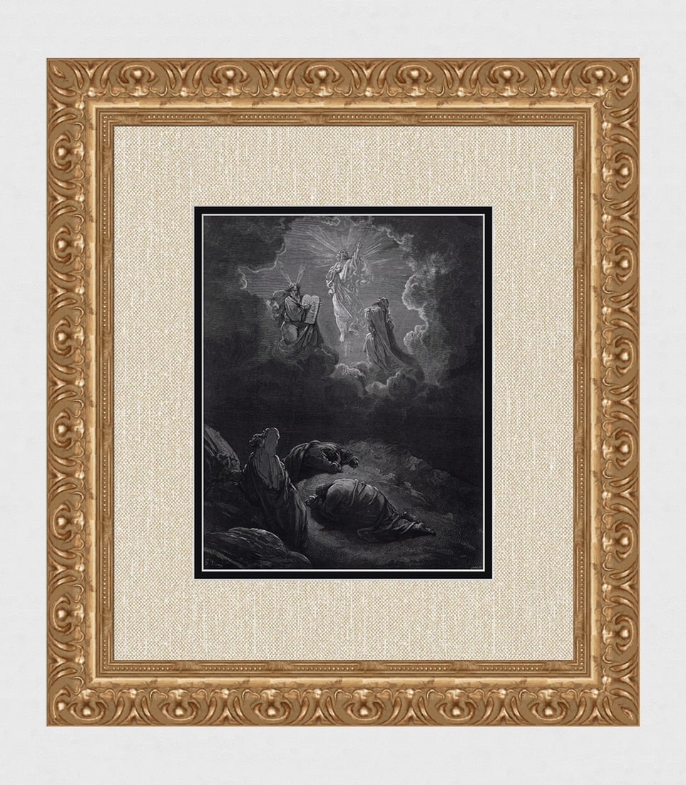 FRAMED 1800s Gustave Dore Biblical Woodcut THE TRANSFIGURATION Signed: Gustave Dore (Paul Gustave Louis Christophe Dore) (French, 1832-1883). The Transfiguration (from Dore's Bible). Antique woodcut wove paper after the original by a master wood engraver Laurent Hotelin 
