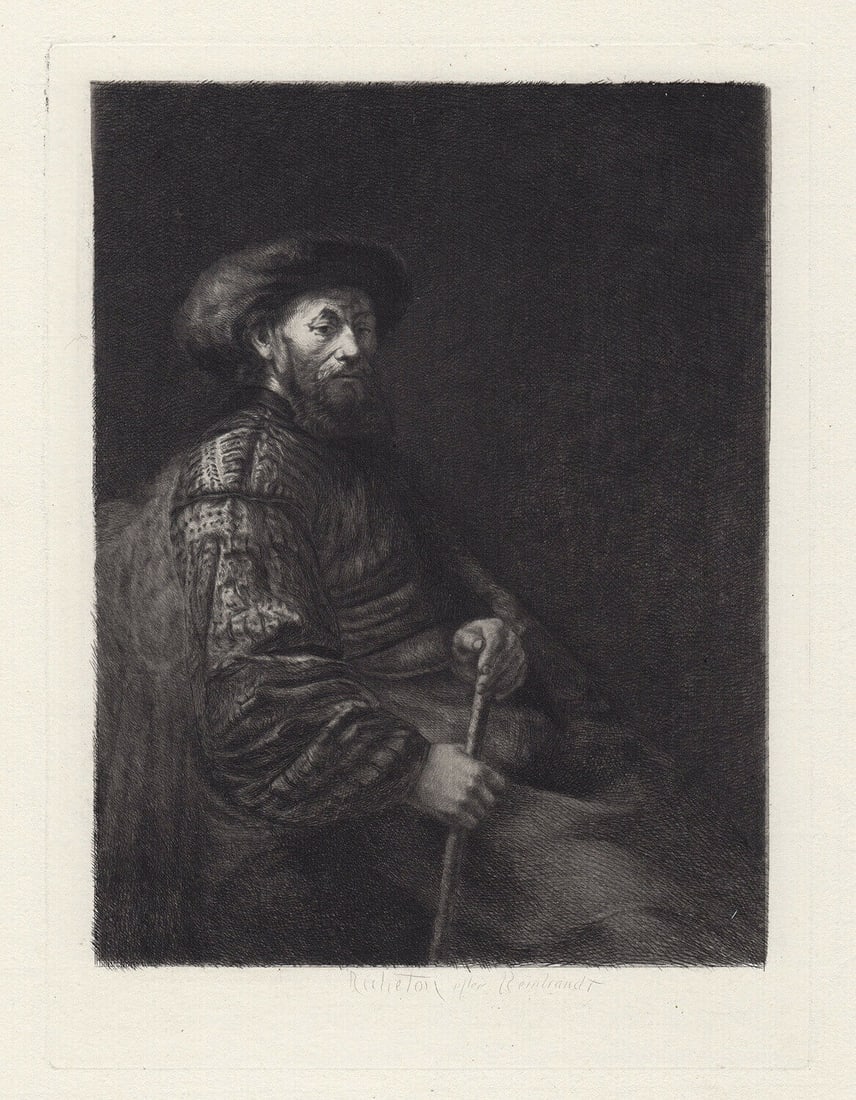 1800s REMBRANDT Antique Etching "Portrait of a Jew Merchant" Framed Signed: After Rembrandt Harmenszoon Van Rjin (1606-1669). Portrait of a Jew Merchant. Antique Hand pulled copper plate etching on laid after the original by master etcher Leon Richeton (English, 1854-1934). S