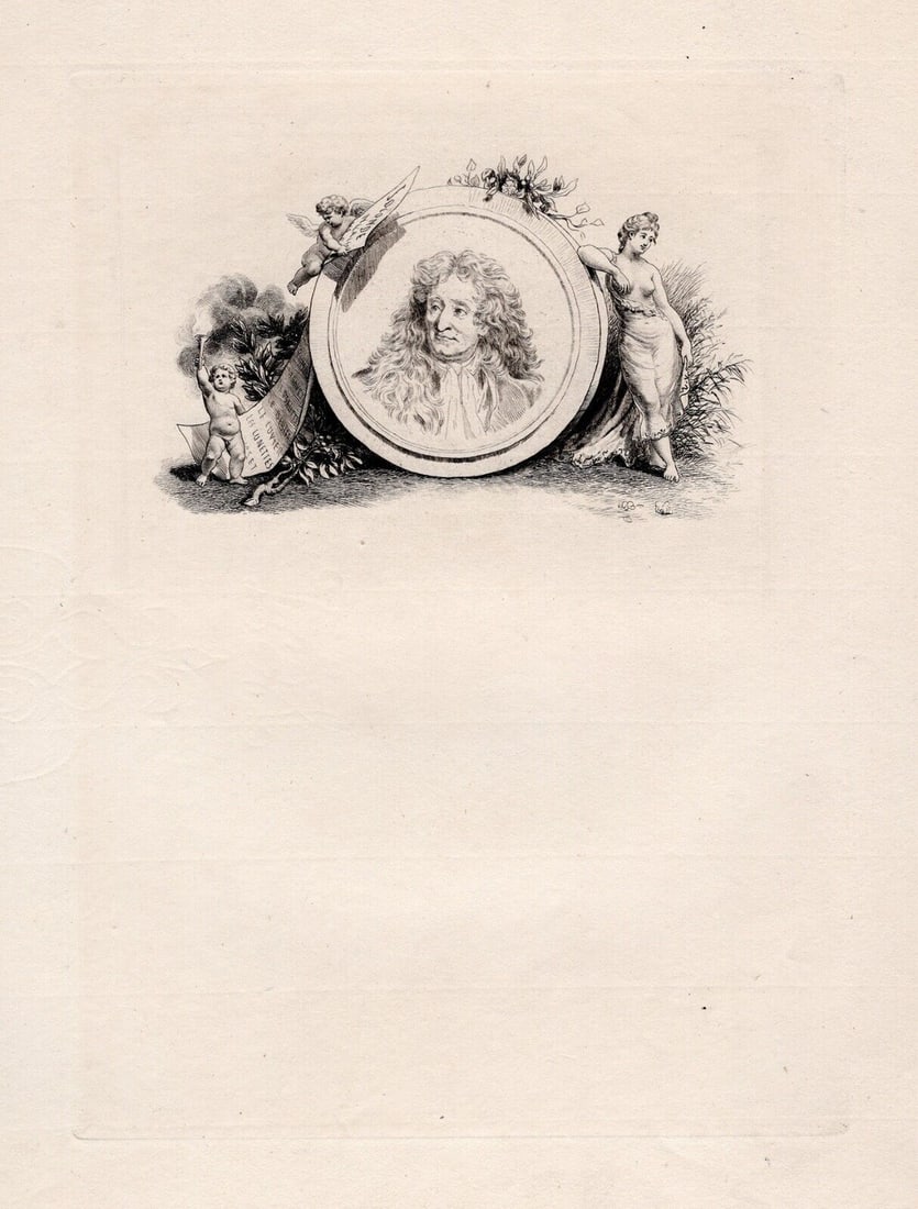 1800s LIMITED Jean-Honore FRAGONARD Etching JEAN DE LA FONTAINE Framed: Jean-Honore Fragonard (French, 1732 - 1806). Portrait of Jean de la Fontaine. Antique etching on laid paper after the original by master engraver Adolphe Martial Potemont (French, 1828-1883). Year: 18