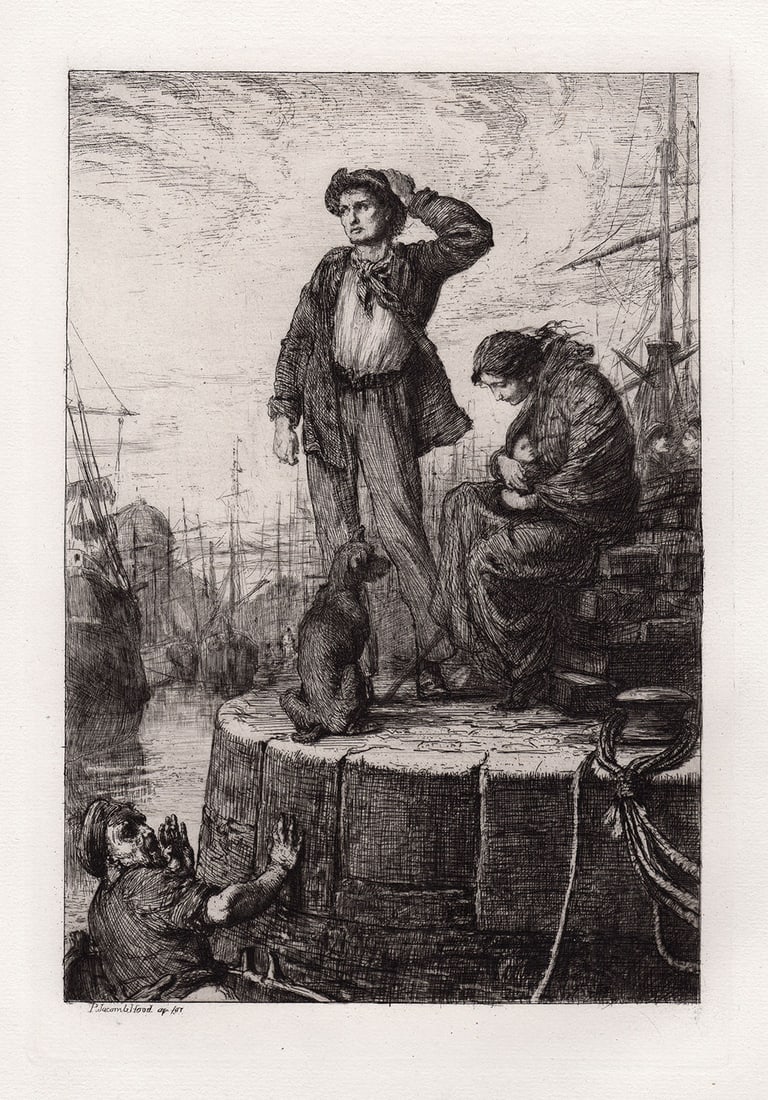George Jacomb-Hood The Last Evening in England etching signed: George Percy Jacomb-Hood (English, 1857-1929). The Last Evening in England. Hand pulled copper plate etching on laid paper. 1881. Signed in the plate lower left. Excellent. Image Size 7 1/2 x 11 inche