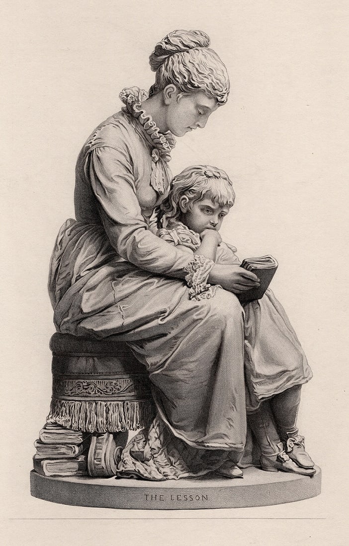 1800s Mario Raggi Antique Engraving "The Mother's Lesson" Framed: Mario Raggi (Italian, 1821 - 1907). The Lesson. Antique engraving on wove paper after the original grouping by master engraver George J Stodart (British, 1884-1890 c.fl.). Year: 1883. Image Size 4 7/8