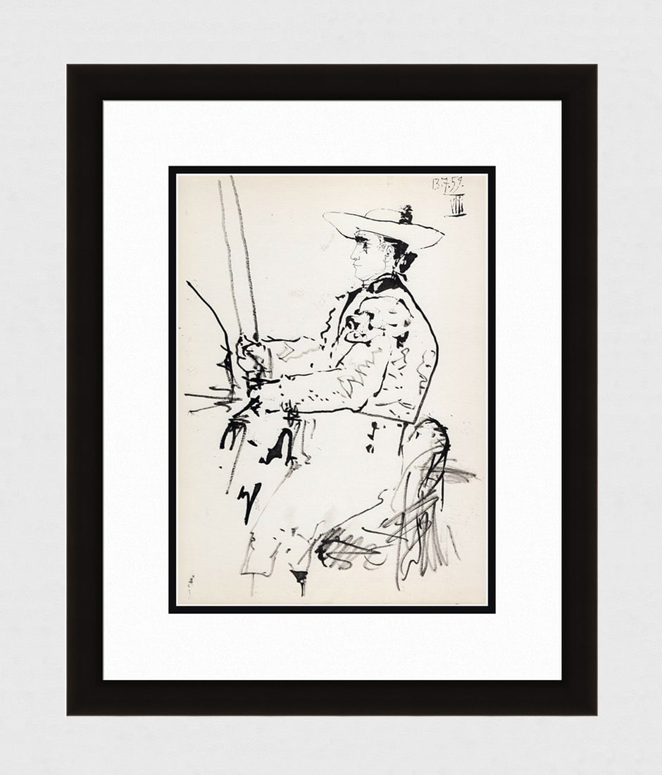 PABLO PICASSO 1961 Vintage Lithograph Picador in Costume FRAMED: Pablo Picasso (1881 - 1973). Picador in Costume (Picador Disfrazado). Black and white offset lithograph, on Arches paper, after the original sketch. Atelier Mourlot. Year: 1961. Signature/Dated: Dated