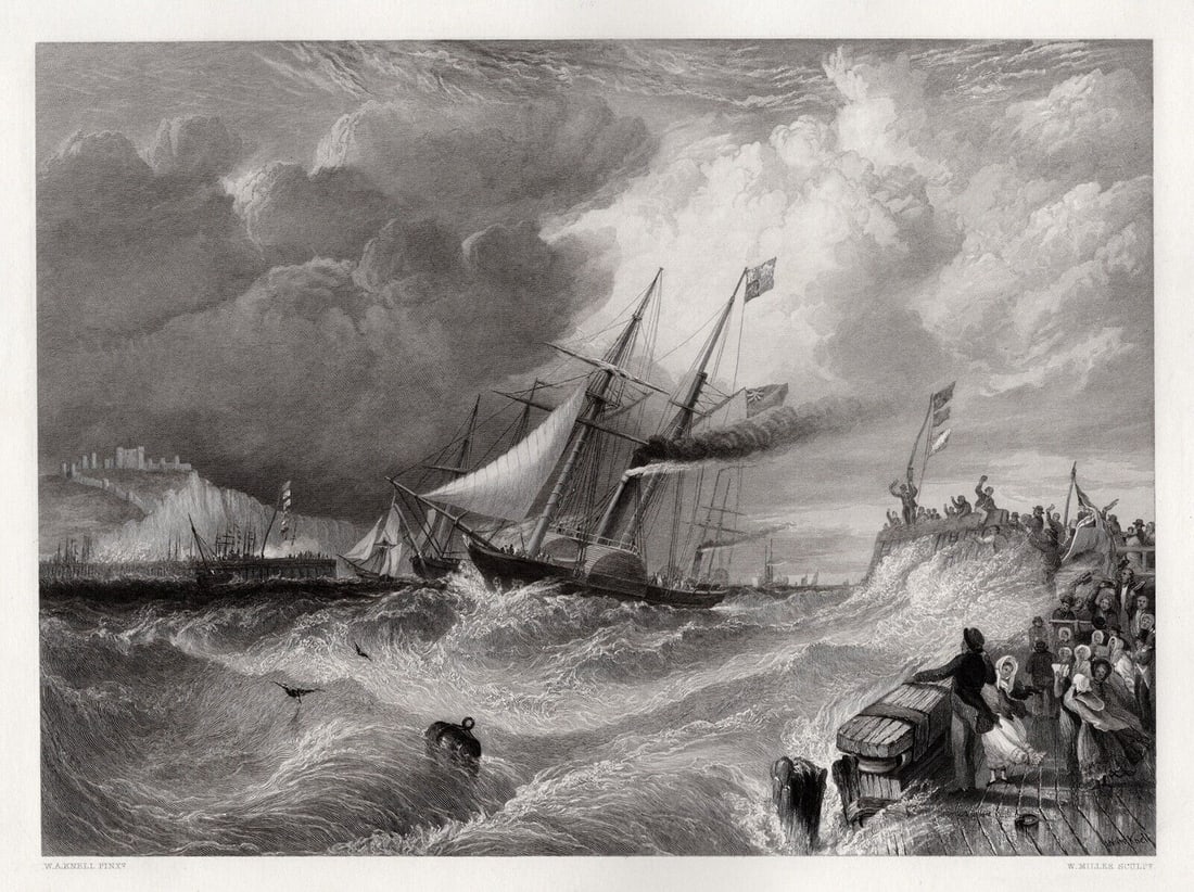 William Adolphus Knell 1800s Engraving Prince Albert Lands at Dover Framed: William Adolphus Knell (British, 1801-1875). Dover: The landing of Prince Albert. Antique engraving on wove paper after the original by a Master Engraver William Miller (British, 1796-1882). Year: 185