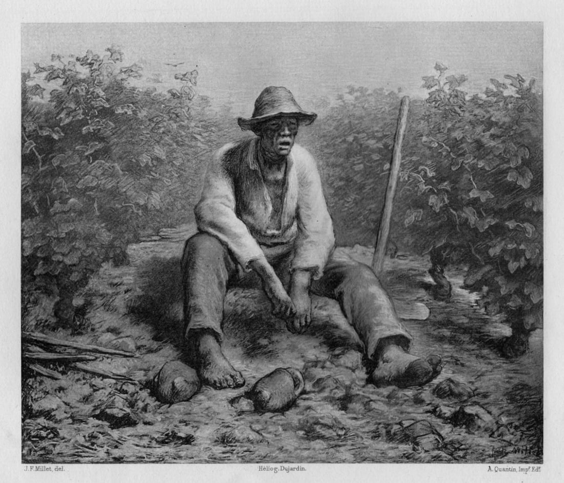 1800s JEAN-FRANCOIS MILLET Antique Print Vineyard Labourer SIGNED Framed: Jean-Francois Millet (French, 1814 - 1875). Vineyard Labourer Resting (VEgneron au repos). Antique heliogravure on laid paper after the original pastel and black chalk and possibly gouache. Year: 1881