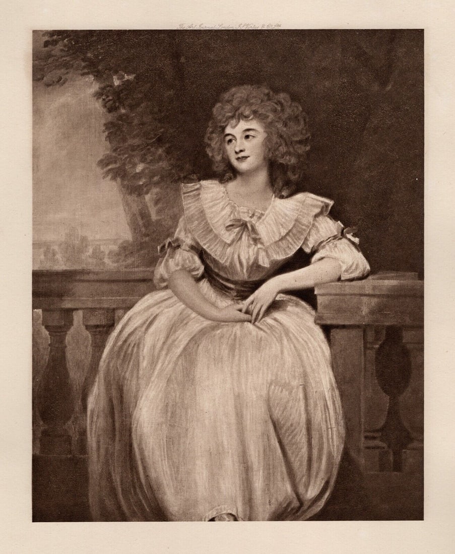 George Romney 1800s Antique Print Mrs. Mark Currie Portrait FRAMED SIGNED: George Romney (English, 1734-1802). Mrs. Mark Currie. Antique heliogravure on wove paper after the original by a Master Engraver. Year: 1898. Signed in the plate. Image size 6 5/8 x 8 3/8 inches. Fram