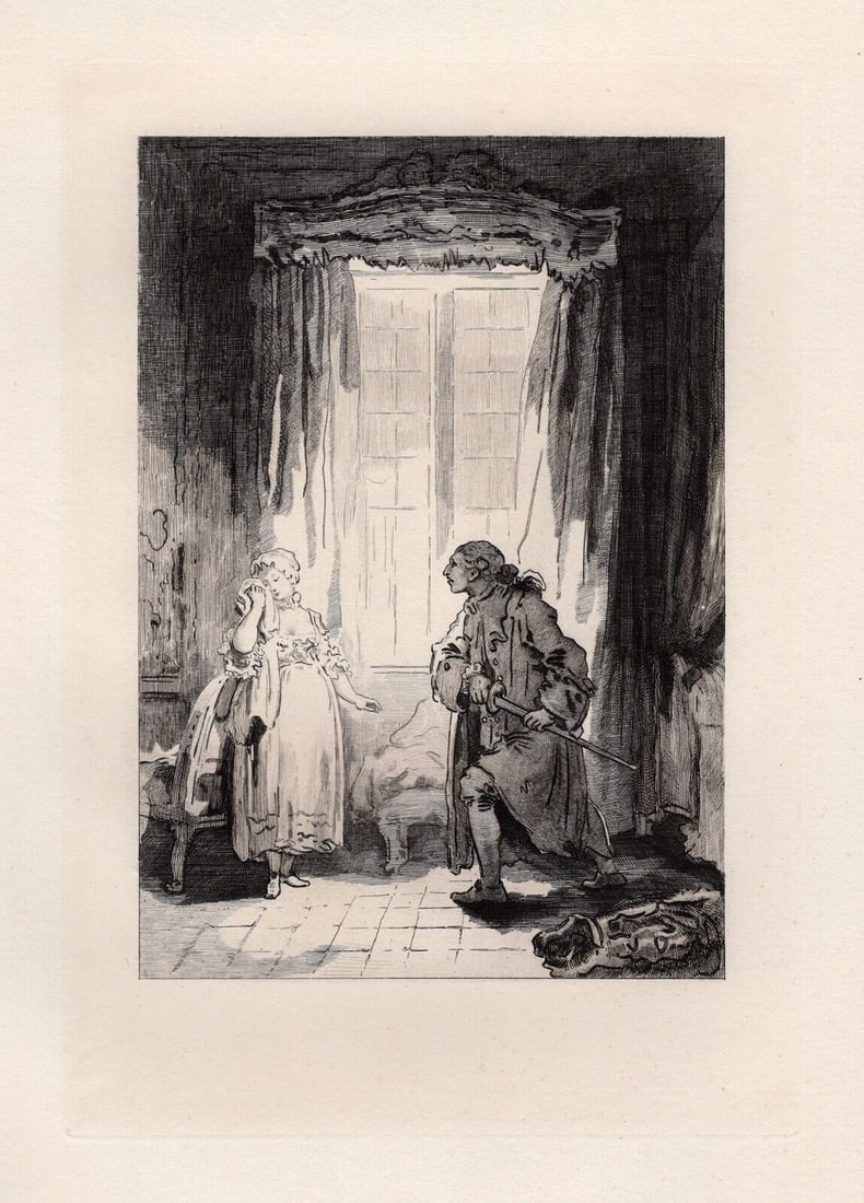 Jean-Honore Fragonard 1800s Limited Etching Le Faiseur d'Oreilles Framed: Jean-Honore Fragonard (French, 1732 - 1806). The Earmaker (Le Faiseur d'Oreilles) (from Conte de La Fontaine). Antique etching on laid paper after the original by master engraver Adolphe Martial Potem