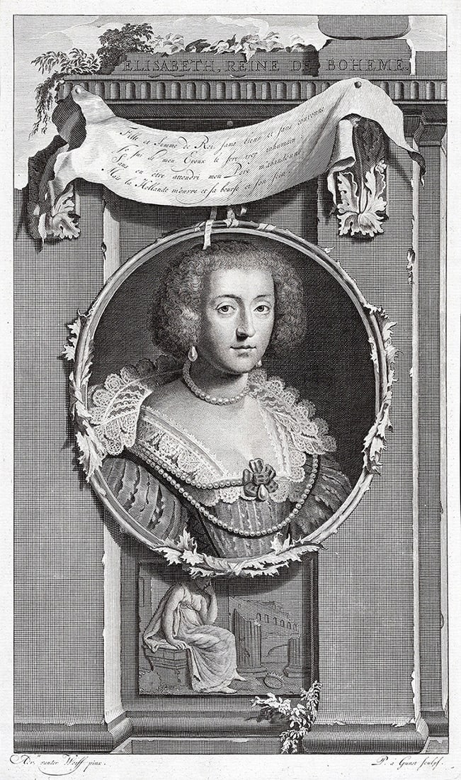 Adriaen van der Werff 1697 Engraving Elizabeth of Bohemia Winter Queen Framed: Adriaen van der Werff (1659 - 1722). Portrait of Elizabeth of Bohemia. Elizabeth Stuart (1596-1662). Antique engraving on laid paper after the original by master engraver Pieter van Gunst (Dutch, 1658