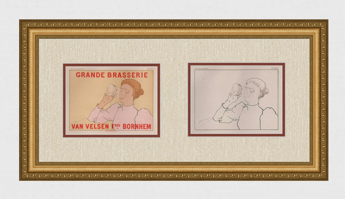 1897 Armand Rassenfosse Grande Brasserie Lithograph one of 25 on Japon with Proof Framed: Armand Rassenfosse (1862-1934). Grande Brasserie. Stone lithograph on Japon Paper. Extremely rare. One of only 25 printed on Japon paper and accompanied by single color proof. Year Printed: 1897. Chai