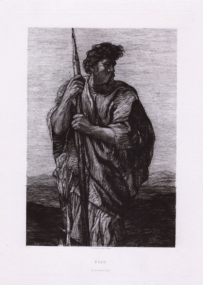 George Federick Watts Esau 1879 etching: George Federick Watts. (English, 1817-1904). "Esau". Antique etching on laid paper after the original by master etcher Leon Richeton. (French, British, 1854-1934). 1879. Excellent. Image size 6 5/8 x 