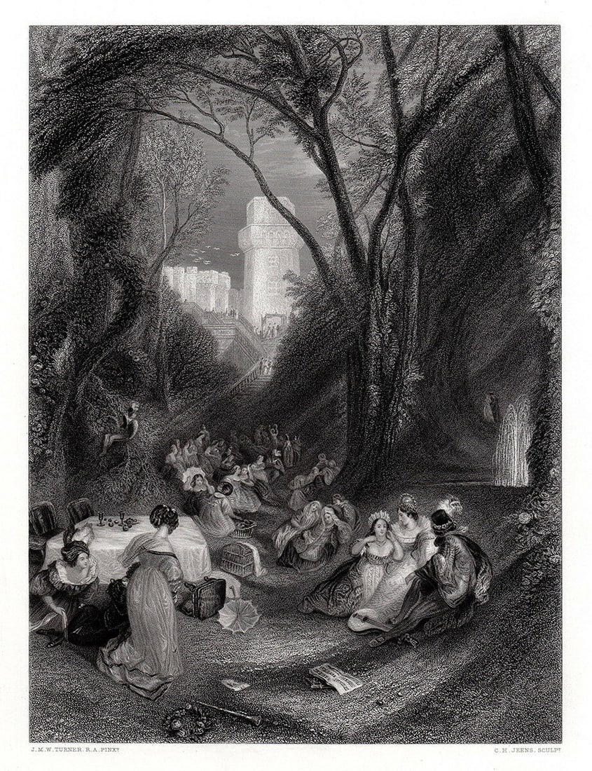Joseph Mallord William Turner 1862 engraving The Birdcage Boccaccio signed Framed: Joseph Mallord William Turner. (English, 1755-1857). The Birdcage, a Scene from Boccaccio. Antique engraving on laid paper after the original oil paint on canvas by master engraver Charles Henry Jeens