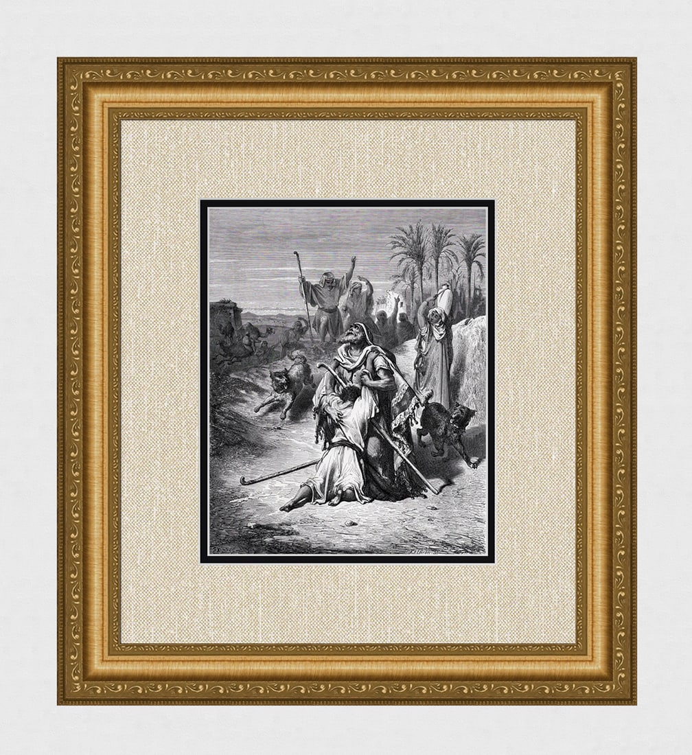 FRAMED 1800s Gustave Dore Biblical Woodcut THE PRODIGAL SON Signed: Gustave Dore (Paul Gustave Louis Christophe Dore) (French, 1832-1883). The Prodigal Son in the arms of his Father (from Dore's Bible). Antique woodcut wove paper after the original by a master wood en