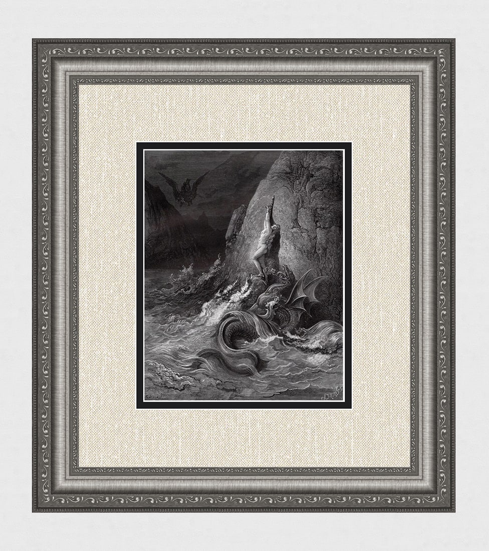 Gustave Dore 1800s Woodcut Ruggiero comes to Angelica's Aid SIGNED Framed: Gustave Dore (Paul Gustave Louis Christophe Dore )(French, 1832-1883). Ruggiero comes to Angelica's aid (From Orlando Furioso). Antique woodcut on wove paper after the original Illustration by master 