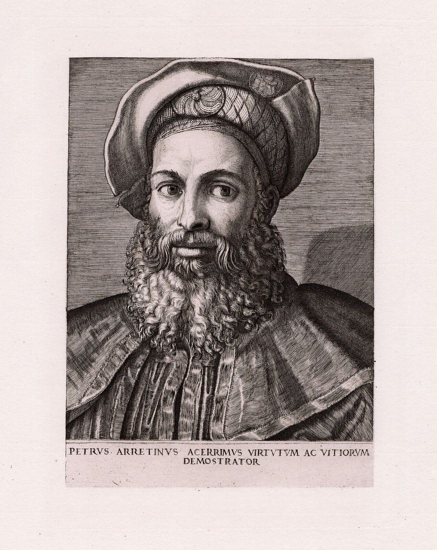 Titian Portrait of Pietro Aretino (1492-1556, Italian author, playwright, poet) 1877 engraving: Titian. (Tiziano Vecellio) (Italian, Pieve di Cadore ca. 1485/90?-1576 Venice). Pietro Aretino (1492-1556, Italian author, playwright, poet). Antique steel engraving on laid paper after the original b