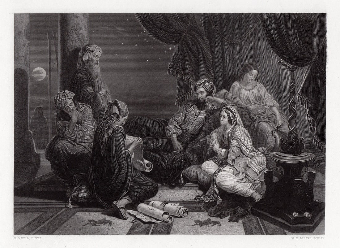 Henry Nelson Ahasuerus engraving signed 1867: Henry Nelson O'Neil (Russian, 1817 - 1880). The scribes reading the chronicle to Ahasuerus. Antique engraving on wove paper after the original by master engraver William Home Lizars (Scottish, 1788 - 