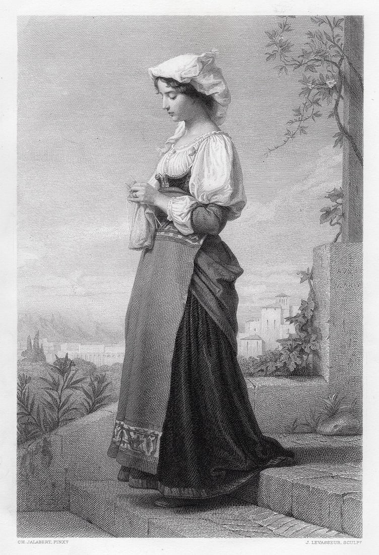 Charles jalabert Villanella 1876 engraving Signed: Charles Francois Jalabert (French, 1819-1901). Villanella. Antique steel engraving on wove paper after the original by master engraver Jules Gabriel Levasseur (French, 1823 - 1878 after). 1876. Signed