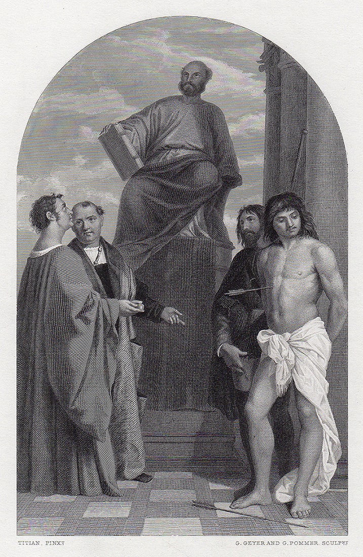 Titian St mark and Saints 1870 engraving: Titian (Tiziano Vecelli or Tiziano Vecellio known in English as Titian) (Italian, c. 1485-1576). St. mark and the Saints. Antique engraving on wove paper after the original by master engravers G. Geys