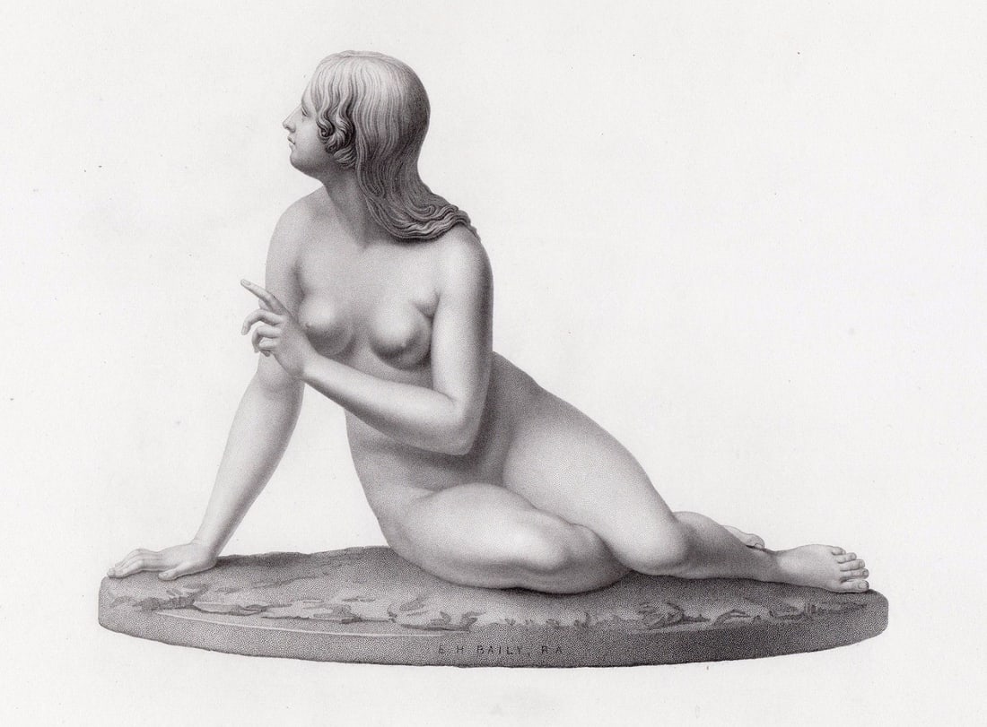 Edward Hodges Baily Eve Listening to the Voice 1850 engraving: Edward Hodges Baily. (English, 1788 - 1867). Eve Listening to the Voice. Antique engraving on wove paper after the original marble sculpture by master engraver Edwin Roffe (British, c. 1825-1891). 185