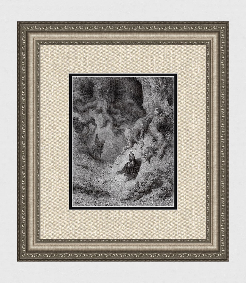1800s Gustave Dore Woodcut Zerbino with the Old Lady Signed Framed: Gustave Dore (Paul Gustave Louis Christophe Dore )(French, 1832-1883). Zerbino undertakes the surveillance of the malevovent Gabrina (Orlando Furioso 21:70). Antique woodcut on wove paper after the or