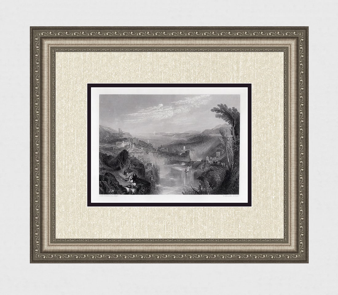 WILLIAM TURNER 1800s Engraving Landscape with Bathers SIGNED Framed: Joseph Mallord William Turner (English, 1775-1851). Modern Italy. Antique engraving on wove paper after the original by master engraver William Miller (British, 1796 - 1882). Year: 1861.Signed in the 